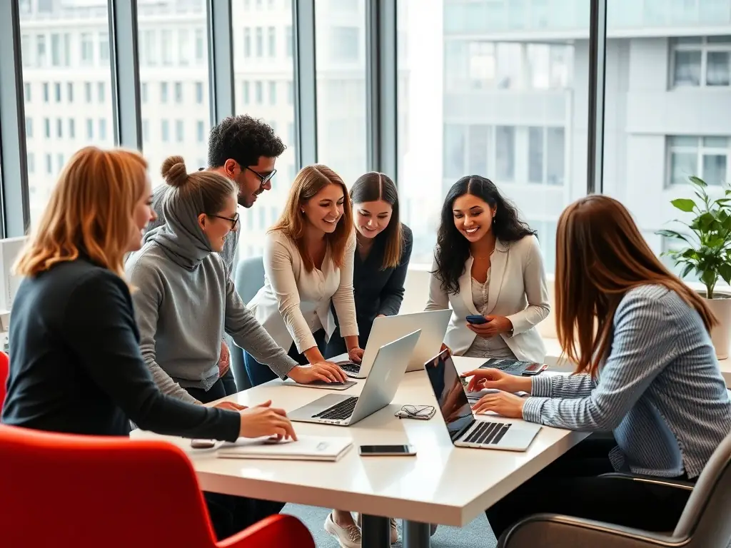 A group of diverse professionals in a modern office setting, collaborating on laptops and discussing business strategies, with a focus on teamwork and partnership, representing the collaborative environment fostered by MedistriDZ.