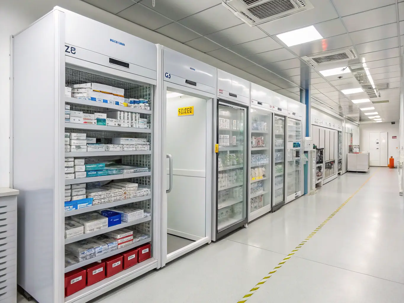 A professional photograph of a modern warehouse interior, showcasing efficient inventory management and organized shelving, with boxes labeled with pharmaceutical products, emphasizing the streamlined logistics of MedistriDZ.